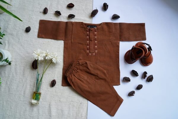 Hand Embroidered Brown Kurta Shalwar With Shoes - view 7