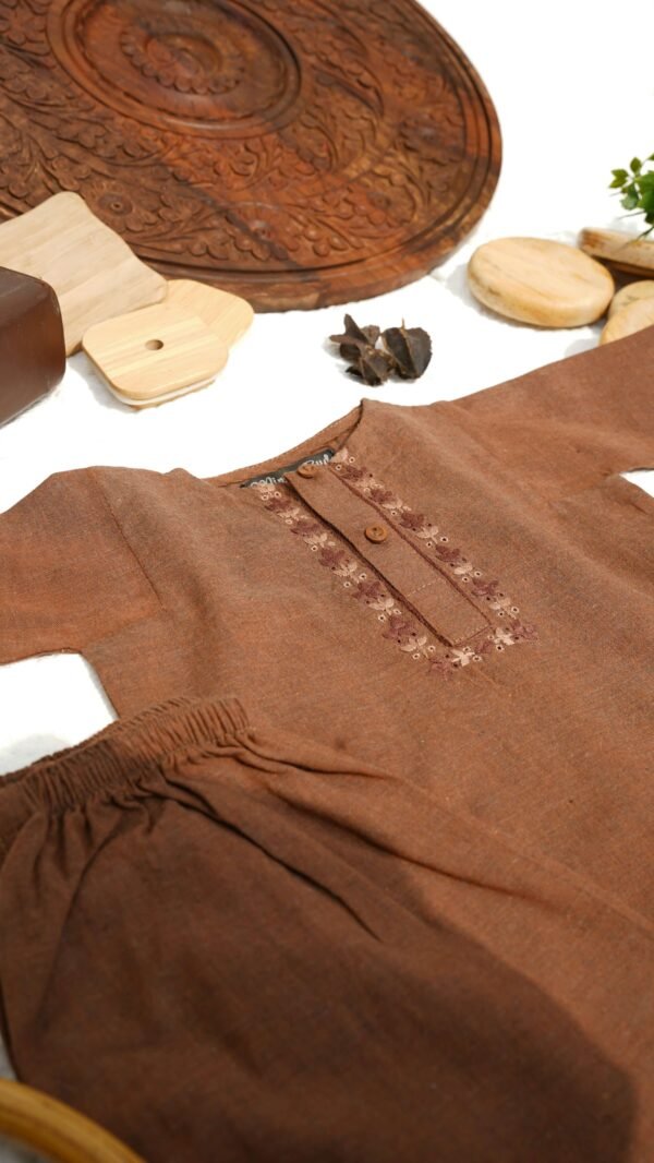 Hand Embroidered Brown Kurta Shalwar With Shoes - view 3