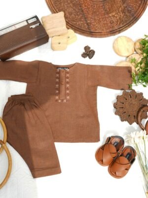 Hand Embroidered Brown Kurta Shalwar With Shoes