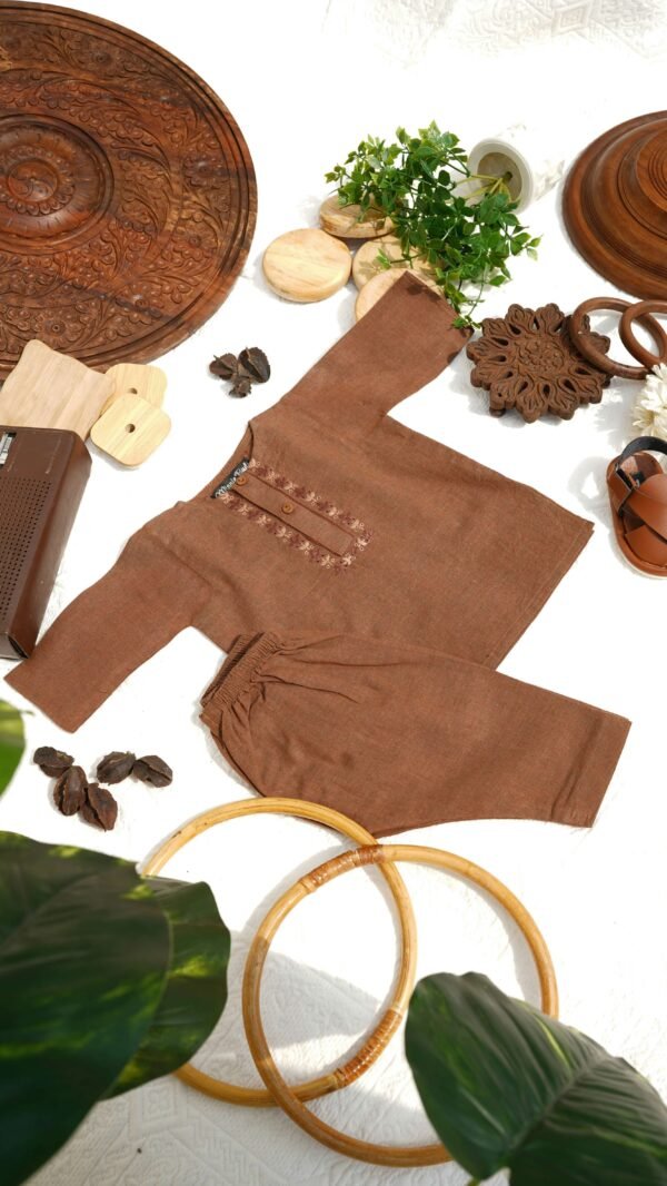 Hand Embroidered Brown Kurta Shalwar With Shoes - view 4