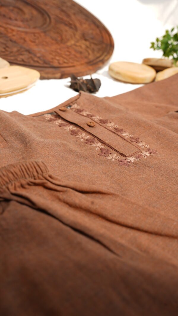 Hand Embroidered Brown Kurta Shalwar With Shoes - view 10