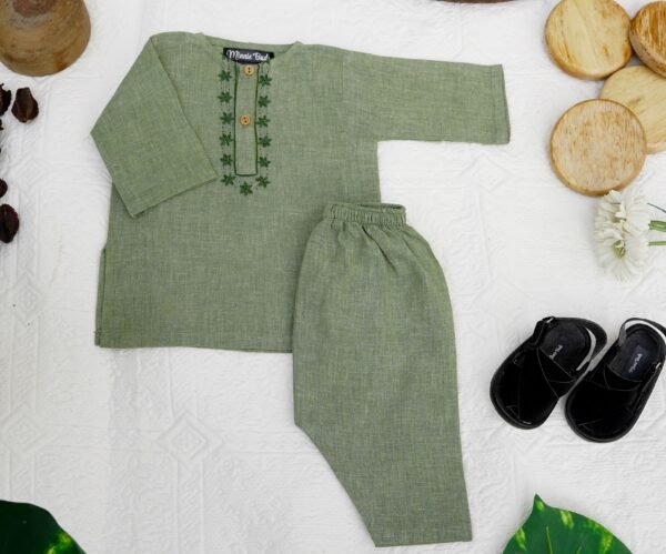 Hand Embroidered Olive Green Kurta Shalwar - view 4