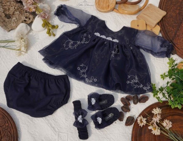 Embroidered Navy Blue Organza Frock Set - view 10