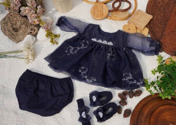 Embroidered Navy Blue Organza Frock Set - view 2