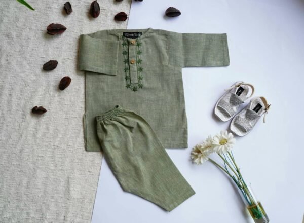Hand Embroidered Olive Green Kurta Shalwar - view 6
