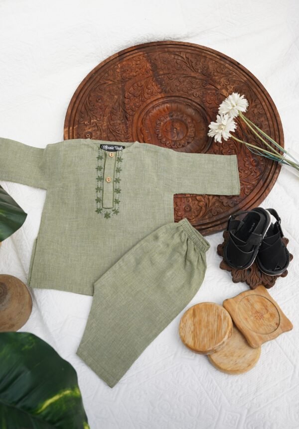 Hand Embroidered Olive Green Kurta Shalwar - view 3