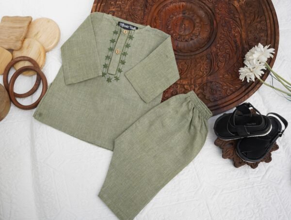 Hand Embroidered Olive Green Kurta Shalwar - view 7