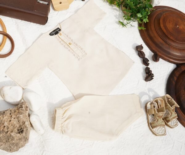 Hand Embroidered Off White Kurta Shalwar With Khari - view 4