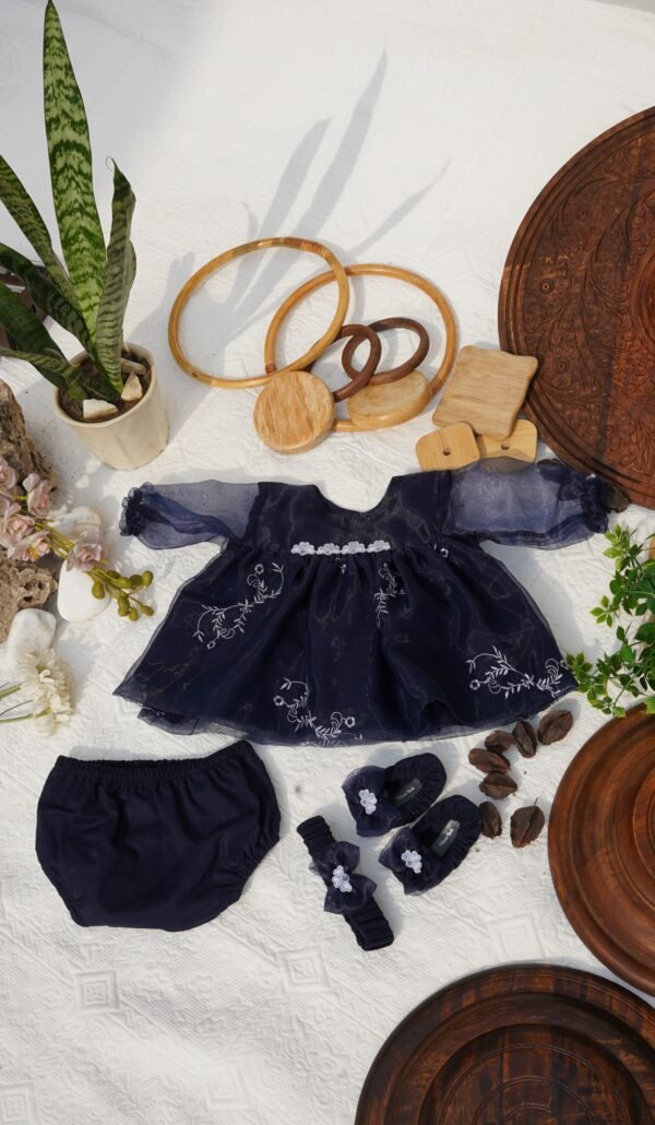 Embroidered Navy Blue Organza Frock Set - view 6