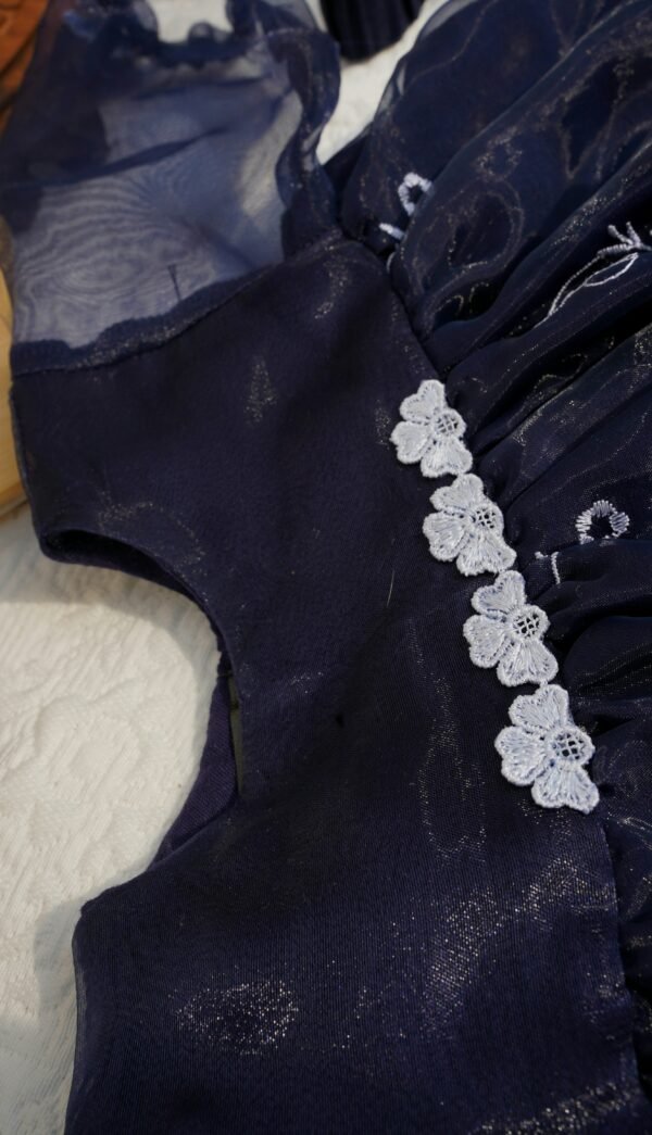 Embroidered Navy Blue Organza Frock Set - view 9