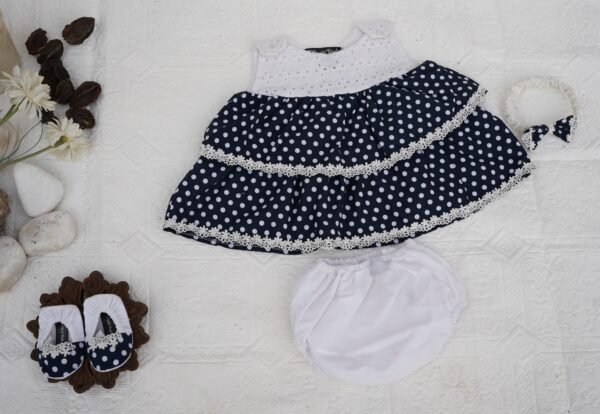 Embroidered Navy Blue Dots Frock Set - view 13