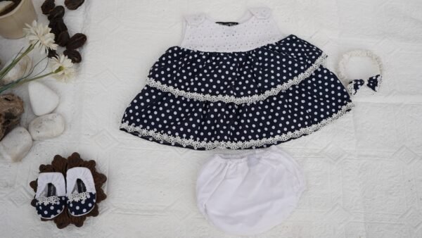 Embroidered Navy Blue Dots Frock Set - view 9