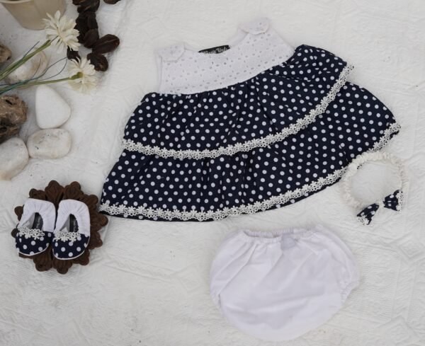Embroidered Navy Blue Dots Frock Set - view 12