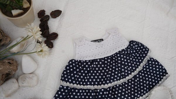Embroidered Navy Blue Dots Frock Set - view 10