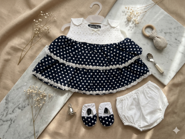 Embroidered Navy Blue Dots Frock Set - view 2