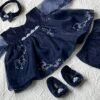 Embroidered Navy Blue Organza Frock Set - view 3
