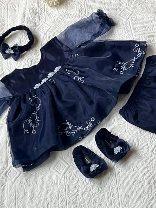 Embroidered Navy Blue Organza Frock Set - view 3