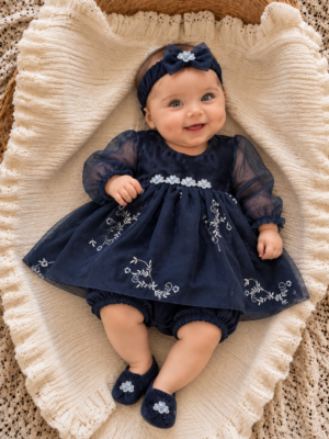 Embroidered Navy Blue Organza Frock Set