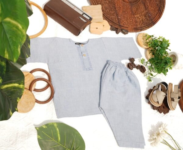 Ice Blue Tarkashi Kurta Shalwar With Peshawari Chappal - view 11