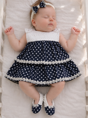Embroidered Navy Blue Dots Frock Set