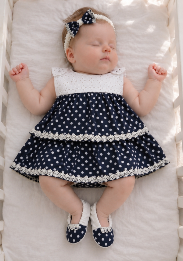 Embroidered Navy Blue Dots Frock Set
