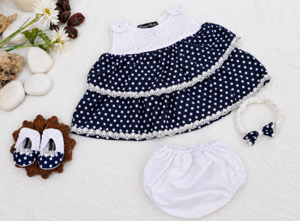 Embroidered Navy Blue Dots Frock Set - view 7