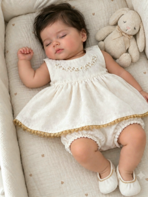 Hand Embroidered Pearl White and Gold