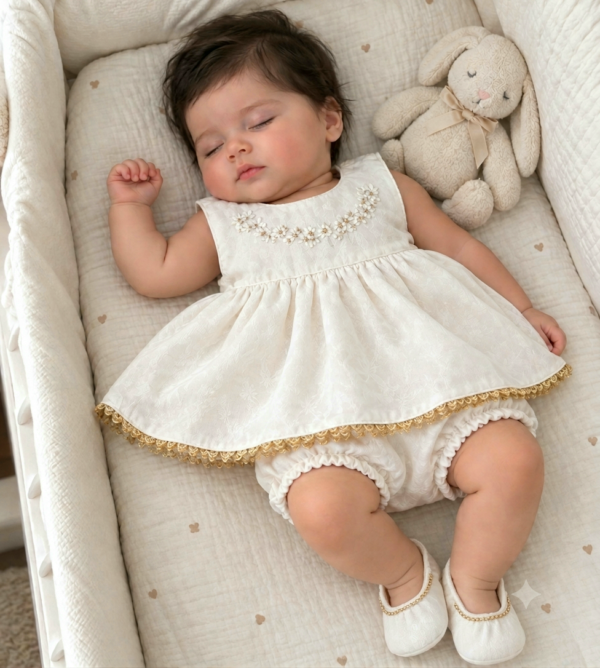 Hand Embroidered Pearl White and Gold